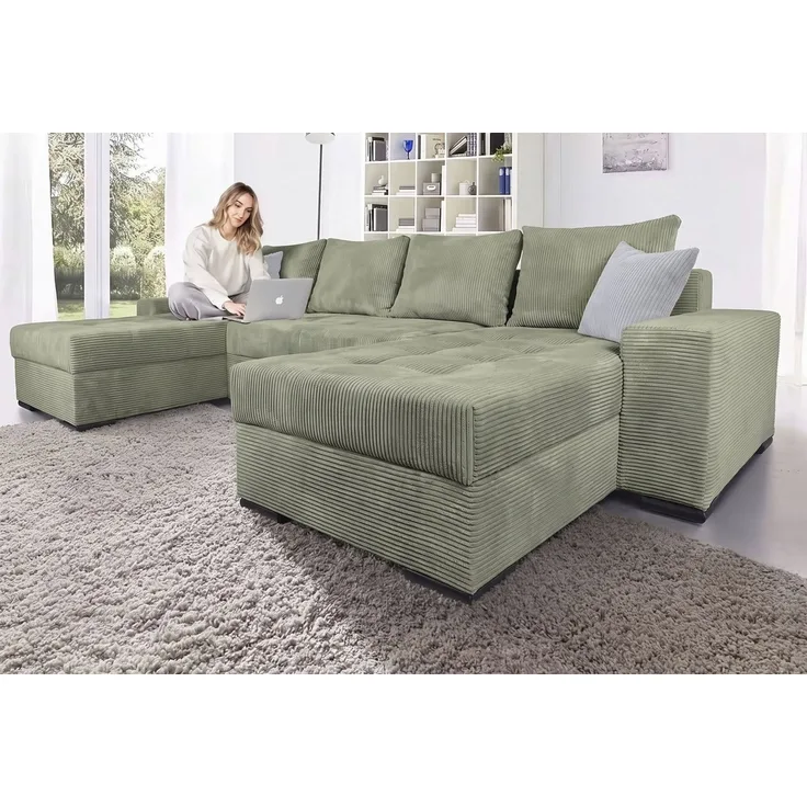 COLLECTION AB Wohnlandschaft Josy XL U-Form, B: 313 cm in Cord, Cord-Mix, Schlaffunktion, Bettkasten & 2 Zierkissen, Federkern