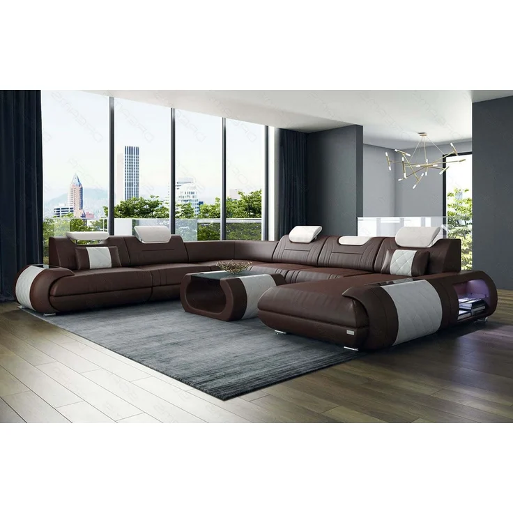 XXL Wohnlandschaft Rimini – Leder, Modern & Bequem - Ledermix - dunkelbraun-weiß - Rechts – Bild 2
