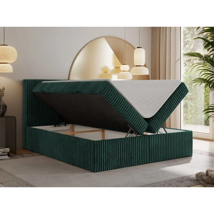 Boxspringbett mit Kopfteil und Topper T25, Cord Bett - TILIANO - 160 x 200 cm - Dunkelgrün Cord - H4 – Bild 3