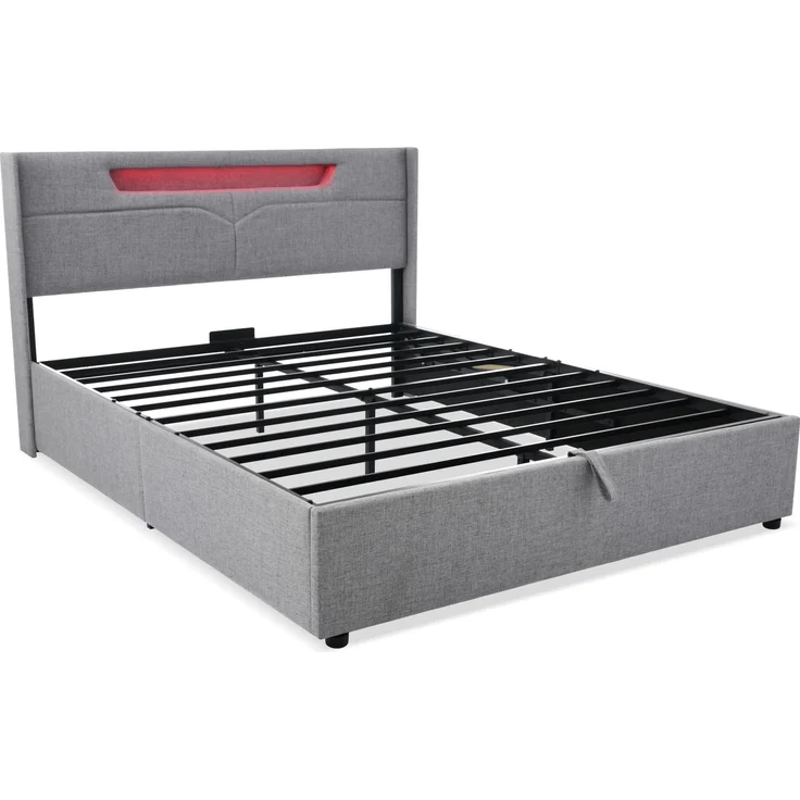 Polsterbett LED Doppelbett mit USB Typ C Ladefunktion und LED-Beleuchtung,Stauraumbetten Bettgestell aus Leinenmaterial Jugendbett 140x200 mit lattenrost(Ohne Matratze) – Bild 9