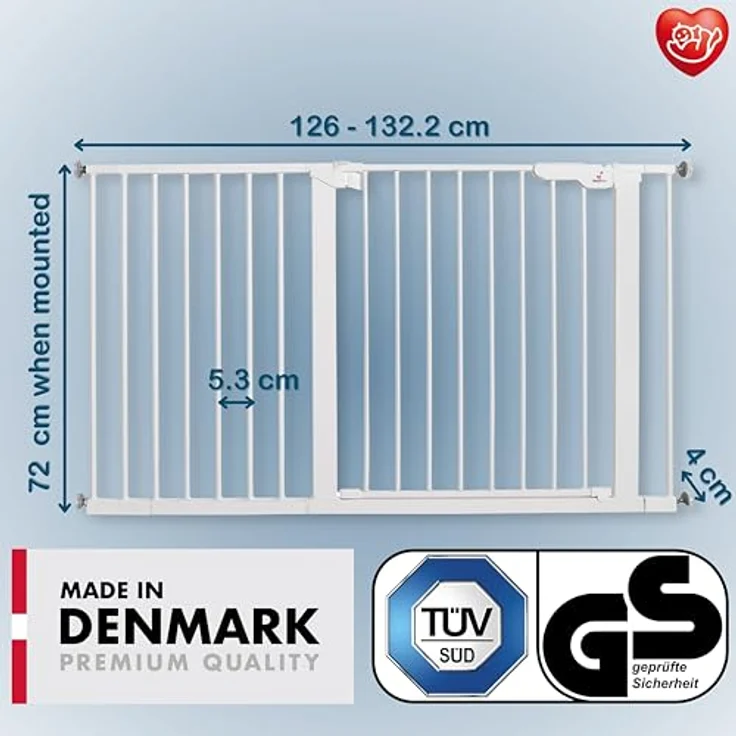 BabyDan Premier, extra breites Treppenschutzgitter mit Druckbefestigung, deckt Öffnungen zwischen 126-132,2 cm ab, Babygitter/Sicherheitsgitter, Metall, weiß, Made in Denmark - – Bild 3