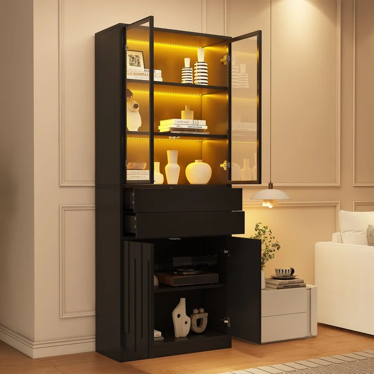 ZUBALIYA Hochschrank mit Glasschranktüren / Hochschrank Glasvitrine mit LED, mit küche und arbeitszimmer, 70 x 34 x 180 cm LED Display Vitrine Mit 2 Schubladen, Schwarz, fürs Wohnzimmer – Bild 22