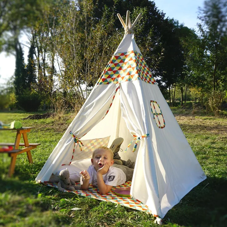 Hej Lønne Tipi Zelt für Kinder (Farbige Bemusterung), Indianerzelt, 4 Stangen, 120x120x150cm, Baumwolle – Bild 5