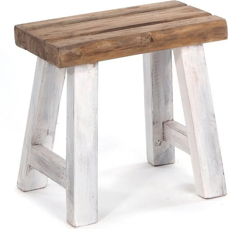 DESIGN DELIGHTS Vinatge SITZHOCKER Rustic | 41 x 42 x 24 cm (HxBxT), Hocker aus massivem Teak Holz, rustikal natürlicher Holzhocker, BEistellhocker, Küchenhocker | Farbe: 05 weiß-Natur