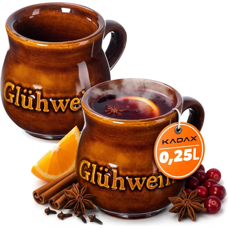 KADAX Tonbecher 250ml, 2 Stück, Keramikbecher mit Henkel für Glühwein, Met & Tee, handgefertigter Becher aus Keramik, Weihnachtstasse, Glühweintasse aus Ton – Bild 1