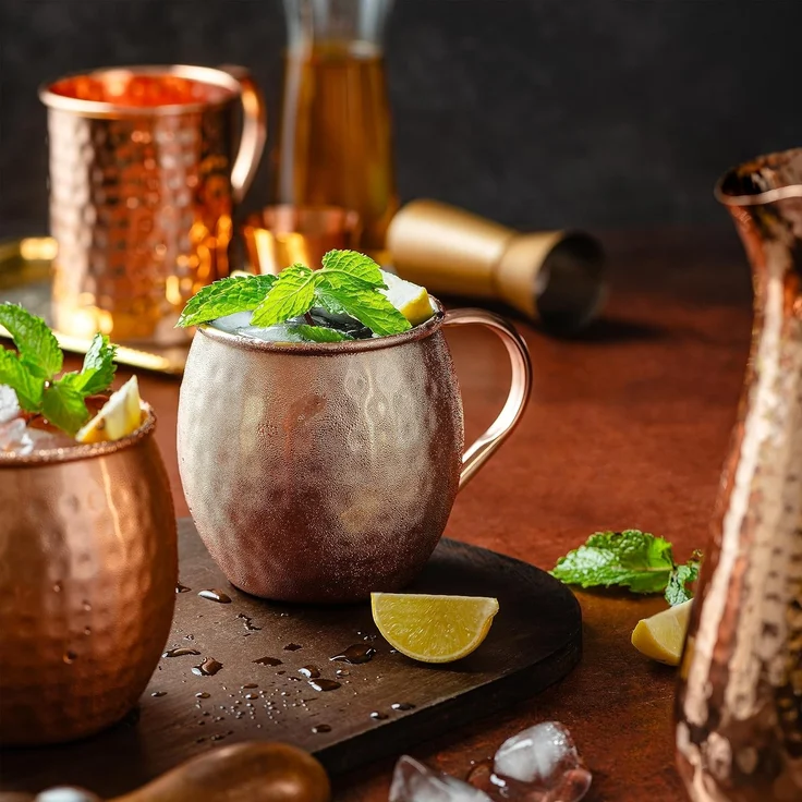 Moscow Mule Kupferbecher mit 4 Trinkhalmen und Schnapsglas Set von 4 handgefertigten, lebensmittelechten, reinen Kupferbechern Bonus Schnapsglas und 4 Kupfer Trinkhalme attraktive Box – Bild 3