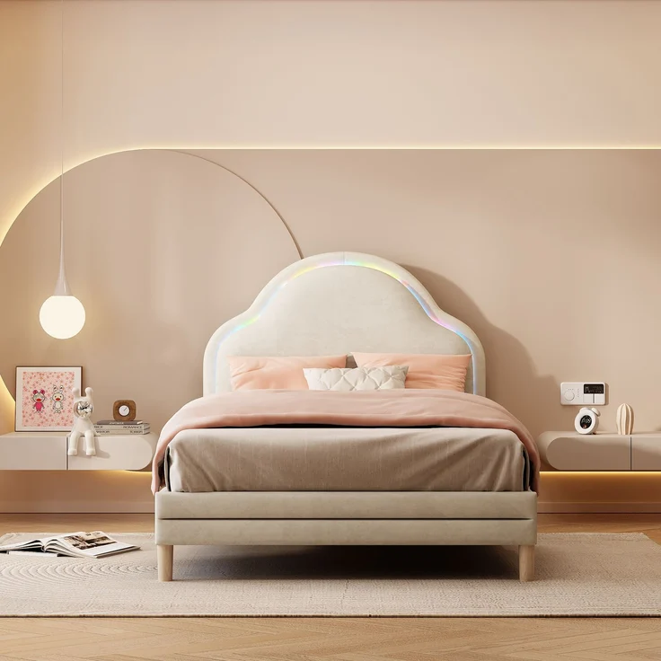 U-life Polsterbett 90x200 cm, Einzelbett und Kinderbett, mit wolkenförmigem Kopfteil, LED-Lichtleiste und Samtbezug, Beige – Bild 2