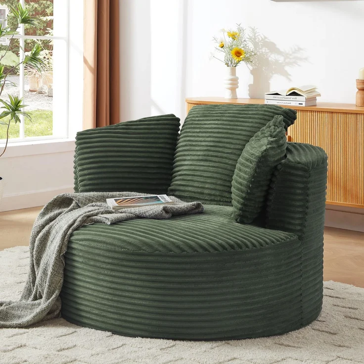 Übergroßes rundes Sofa, ultraweicher Cord-Loungesessel mit Federkernkissen, vollständig komprimierbarer Sitzsack mit Baumwollfüllung, keine Montage erforderlich, maximale Belastbarkeit 80 kg, für Wohnzimmer und Schlafzimmer--Dunkelgrün--124x113x86cm--Y... – Bild 6