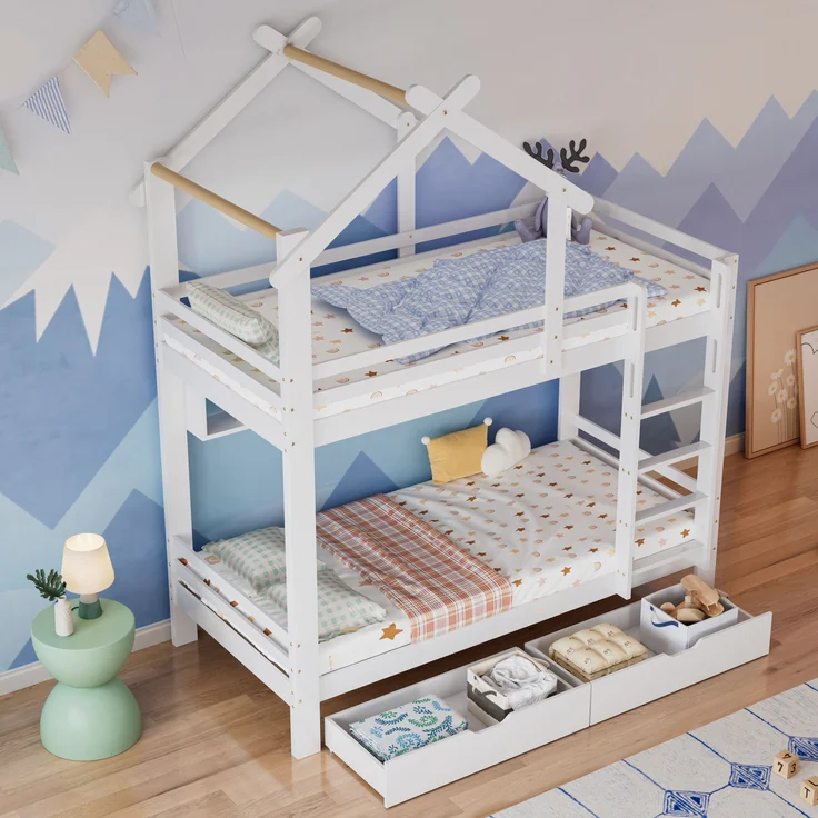 Etagenbett 90x200 cm, Haus-Design in Weiß mit Schubladen, Regalen & Sicherheitsgittern, ohne Matratzen – Bild 2