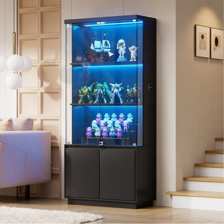 PEALOV Glasvitrine mit LED-Beleuchtung und Bewegungssensor (1-St) Vitrinenschrank mit Stauraum, 75 x 180 x 38 cm, Schwarz – Bild 1
