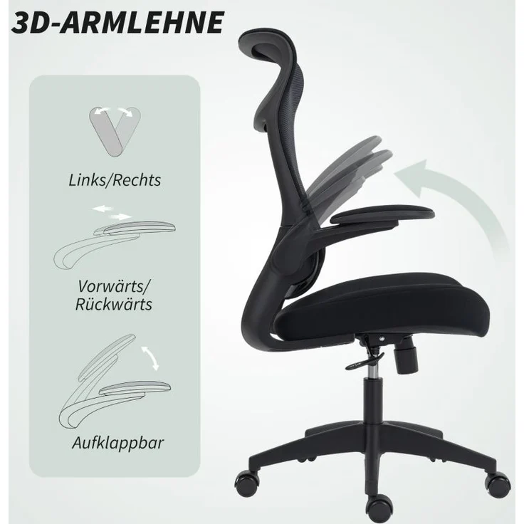 Ergonomischer Bürostuhl schwarz, Netzrücken, 3D-Armlehnen, Kopfstütze, 120 kg – Bild 4