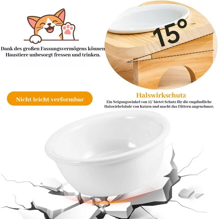 BlingBin Futternapf Doppelnapf, Katzen & kleine Hunde, 2 x Keramik Napf, je 200 ml, Keramik, 15° Neigung Ergonomischer Futterstation Katzen Napfset Hundenapf – Bild 3