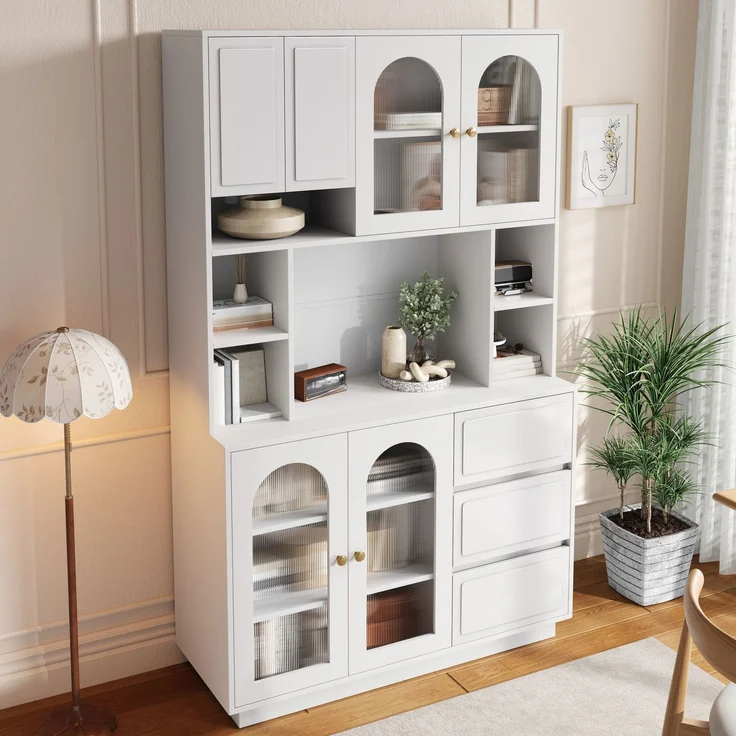 Hoher Sideboard Schrank, Küchen Staurschrank mit Bogen-Acryltüren, Bar-Schrank mit offenen Fächern, Schrank mit APP-gesteuerter farbverstellbarer LED-Beleuchtung,Wohnzimmer Vorratschrank--Weiß--106x30x175cm--YOUDENOVA – Bild 5