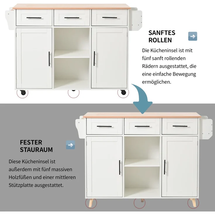 Küchenwagen 139x46(71)x91,5 cm mit klappbarer Arbeitsplatte, Schubladen und Rollen – Weiß – Bild 8