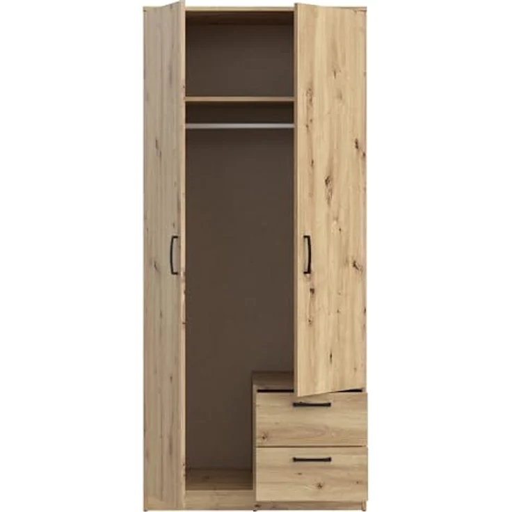 FORTE NIKO Kleiderschrank 82, Scandi Kleiderschrank mit 2 Türen und 2 Schubladen, Holzwerkstoff, Artisan Eiche Dekor, 81,9 cm breit, 185 cm hoch, 52,7 cm tief – Bild 5