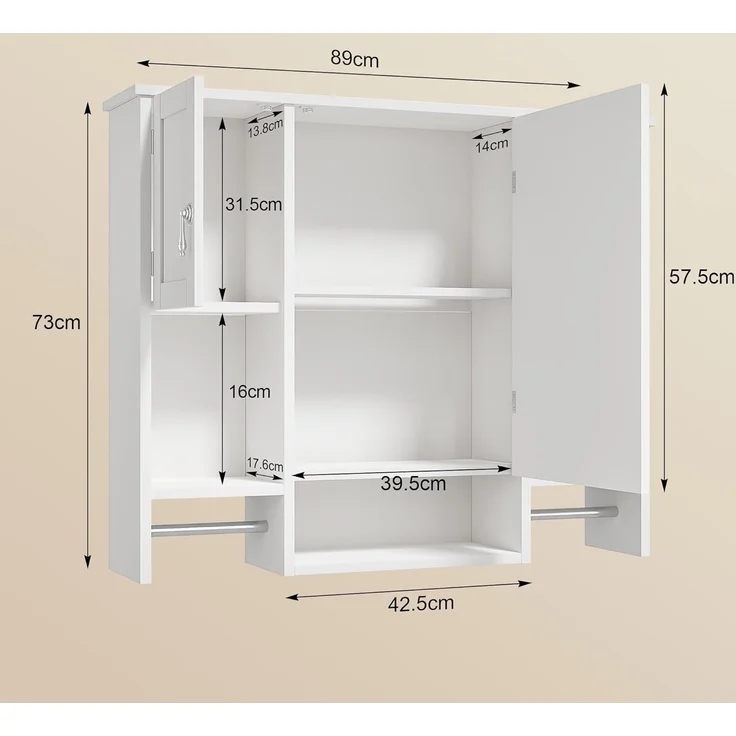Badezimmerschrank mit Spiegel, Wandschrank mit Türen und offenen Fächern, wandmontierter Medizinschrank mit 2 Handtuchhaltern, Badschrank für Badezimmer, Waschküche und Küche, Weiß – Bild 2