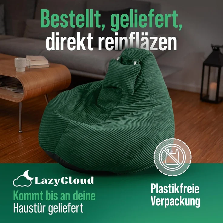 LazyCloud Sitzsack für Erwachsene mit integrierter [Nackenstütze] Cord | XXL Indoor Bean Bag mit Füllung | perfekt als Chill-, Lese- oder Gaming Sessel (90 x 80 x 70 cm) (Dunkelgrün) – Bild 4