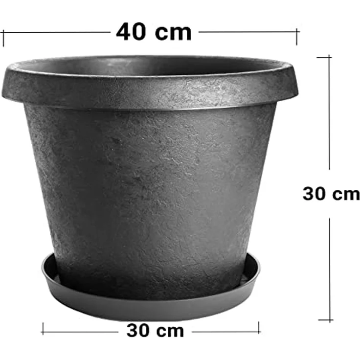 Centi Pflanzkübel Blumentopf Gross 40 cm mit Untersetzer, Pflanzkübel groß außen (Set, 3 St, Ø 40 cm mit Untersetzer, Anthrazit Made in DE), Pflanztopf groß, extra stabil innovatives Stone-Design – Bild 2