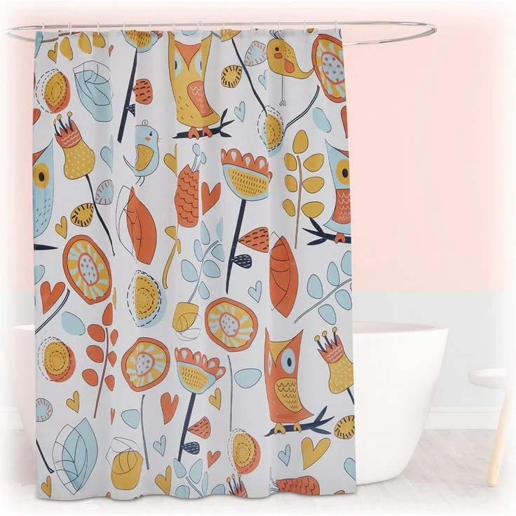 relaxdays Duschvorhang 180x200 cm mit Motiv Breite 180 cm (Eulen), 180x200 cm, E – Bild 1