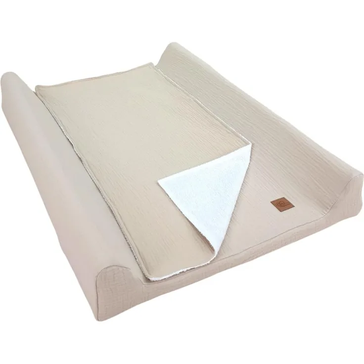 Wiklinopol Wickelauflage 50x70 cm Baby – 3in1 Set mit Abnehmbarem Musselin-Bezug (beige) Wickelunterlage Abwaschbar mit Umrandung + Wasserdichte Frottee-Wickeltischauflage für Unterwegs
