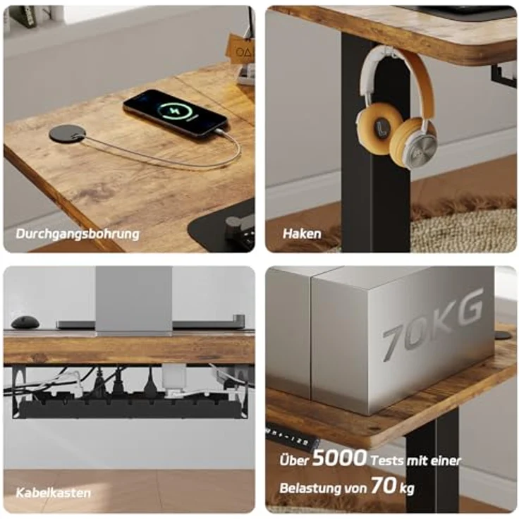 JUMMICO Höhenverstellbarer Elektrischer Stehtisch 140 x 80 cm mit Schublade und Haken – Höhenverstellbarer Sitz-Steh-Tisch mit Stabilem Stahlrahmen, Breiter Stehtisch für das Homeoffice, Braun – Bild 6