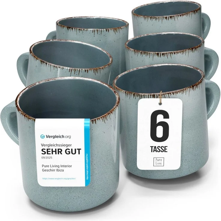 PURE LIVING INTERIOR DESIGN Geschirr-Set Tassen 6er 350ml »Rustic«, Steingut, Rauchblau (6-tlg), 6 Personen, Steingut – Bild 1
