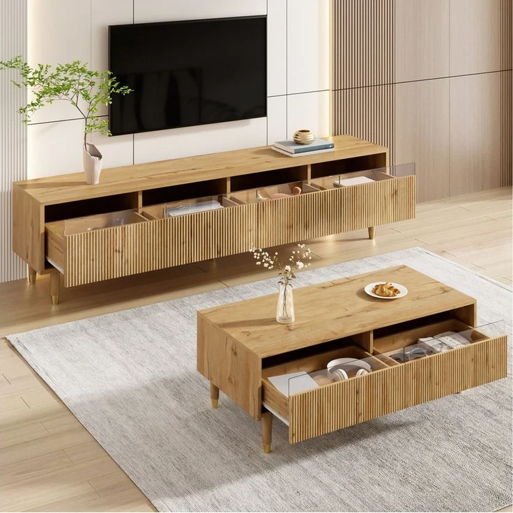 STILVORA Sideboard mit Lowboard&Couchtisch,Möbelset Wohnzimmerset mit LED&Acrylfront (TV-Schrank+Wohnzimmertisch, 2 St, Couchtisch 110x50x40cm + TV-Ständer 178x35x45cm), Wellenstruktur und Acrylfronten, Gold-Design – Bild 5