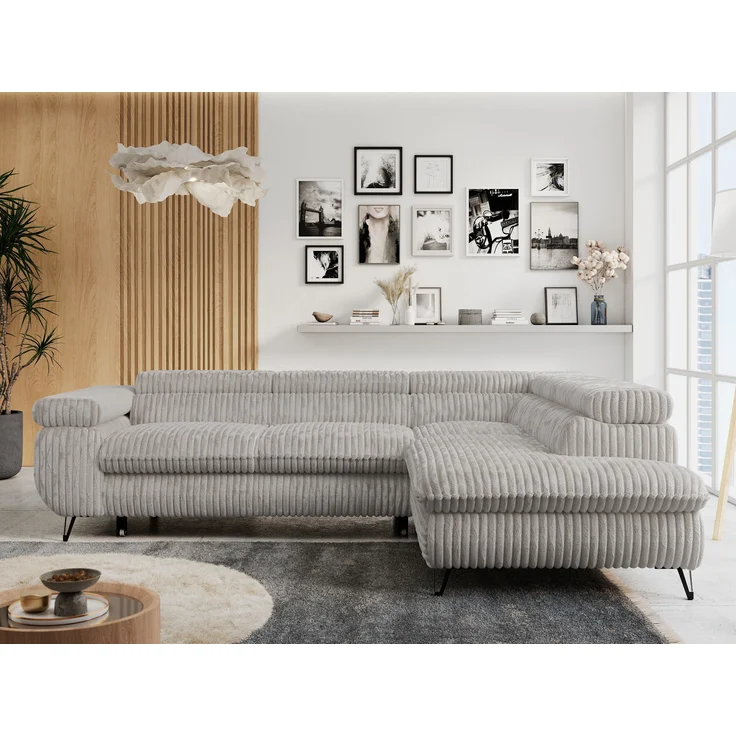 Mks Möbel 'Peter L-form' Ecksofa mit Bettfunktion, Bettkasten & einstellbaren Kopfstützen, Hellgrau, Cord, Jamit Topper rechts – Bild 4