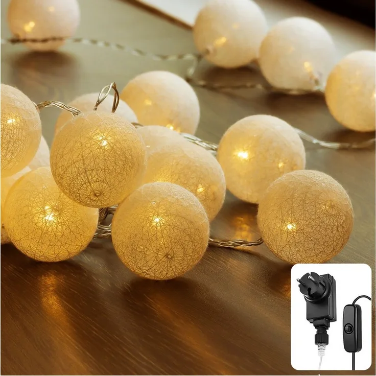 COZY HOME LED-Lichterkette Cotton Balls - Strombetrieben, 20 LED I 6m I Warmweiße LED-Cotton Ball I Hausbett Bunt Deko