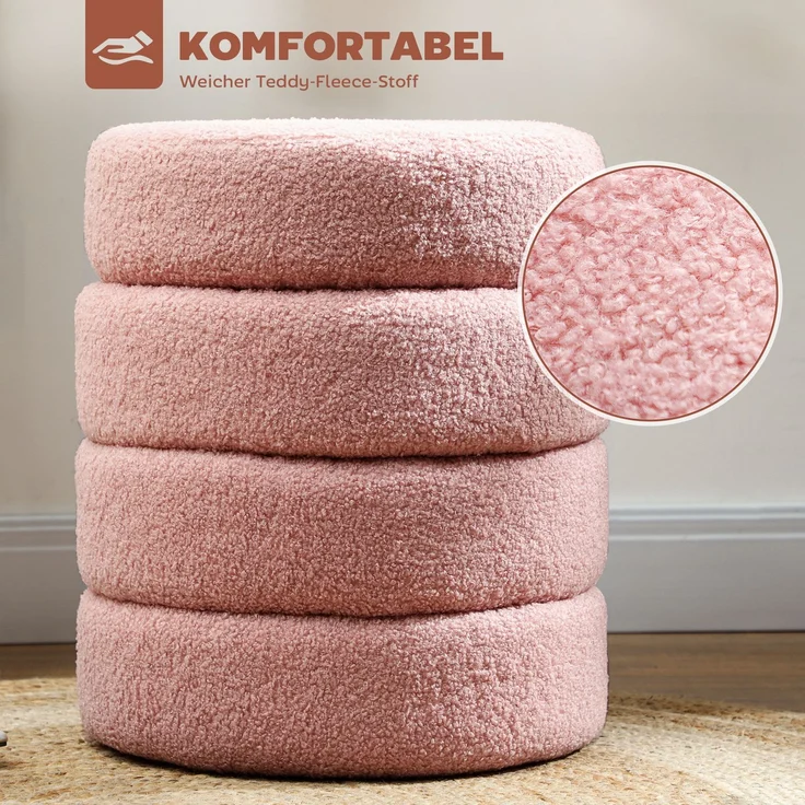 MELAYR, Hocker, rund, Teddyfleece, bis 120kg, Φ40x45H cm, Rosa – Bild 6