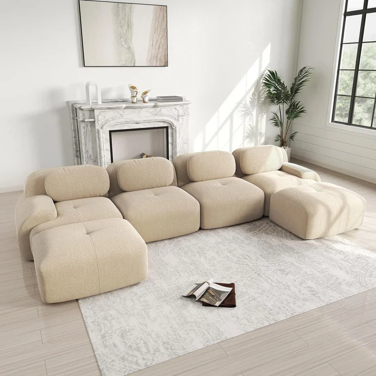 Sofa Uförmiges Cordstoff Wohnzimmer Wohnung Beige J 4 Sitzer 2 Hocker – Bild 1