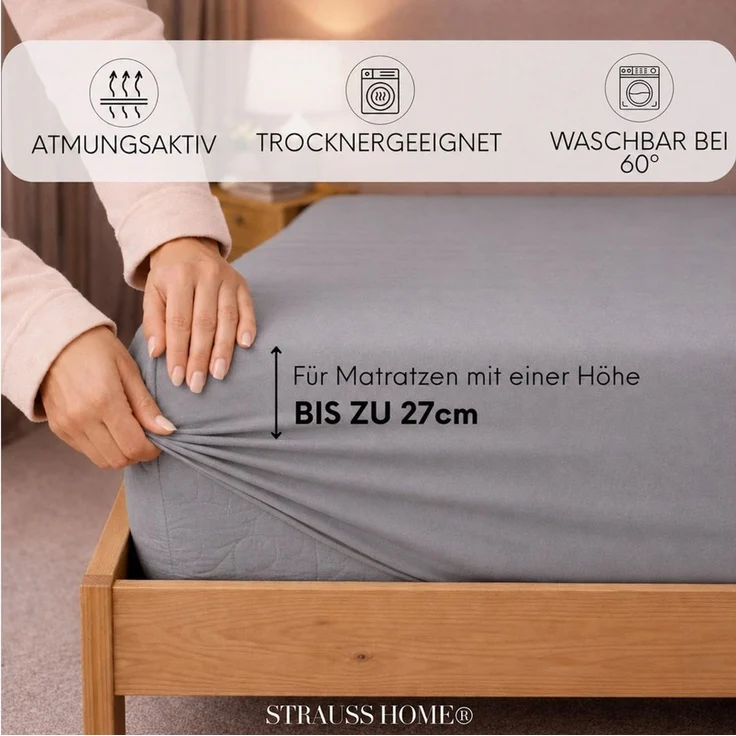 Strauss Home Spannbettlaken Premium 160 g/m² Gekämmte Baumwolle Jersey in Hotelqualität, Gummizug: Rundumgummi, OEKO-TEX®-zertifiziert - Hotelqualität – Formstabil & Langlebig – Bild 3