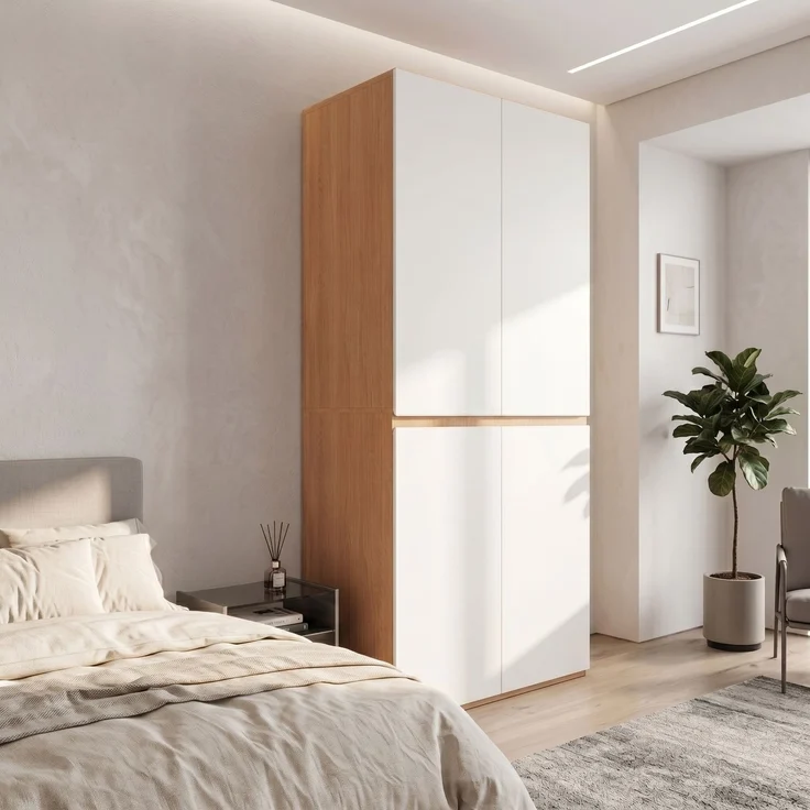 Rayofly-Hochschrank 90 x 50 x 200 cm, 4 Türen, Kleiderstange, 2 Schubladen, Schmuckschublade, moderner Garderobenschrank für Schlafzimmer, Flur, Kinderzimmer, Büro, Eiche/Weiß, H 200cm x T 90cm x B 50cm – Bild 2