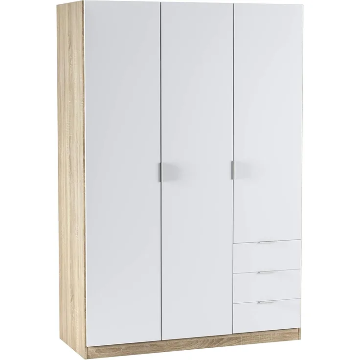 Dmora - Kleiderschrank 3 Türen Allentown, Schlafzimmerschrank mit 3 Schubladen, Schrank mit Kleiderstange und 3 Regalen, 121 x 52 x 180 cm, Weiß und Eiche