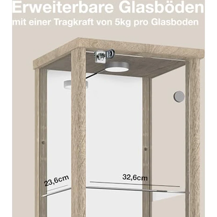 K-Möbel Glasvitrine Sonoma Eiche, Rechteckig mit 4 Fächern, 37x176x33 cm, modernes Design für Wohnzimmer und Wohnwände – Bild 5