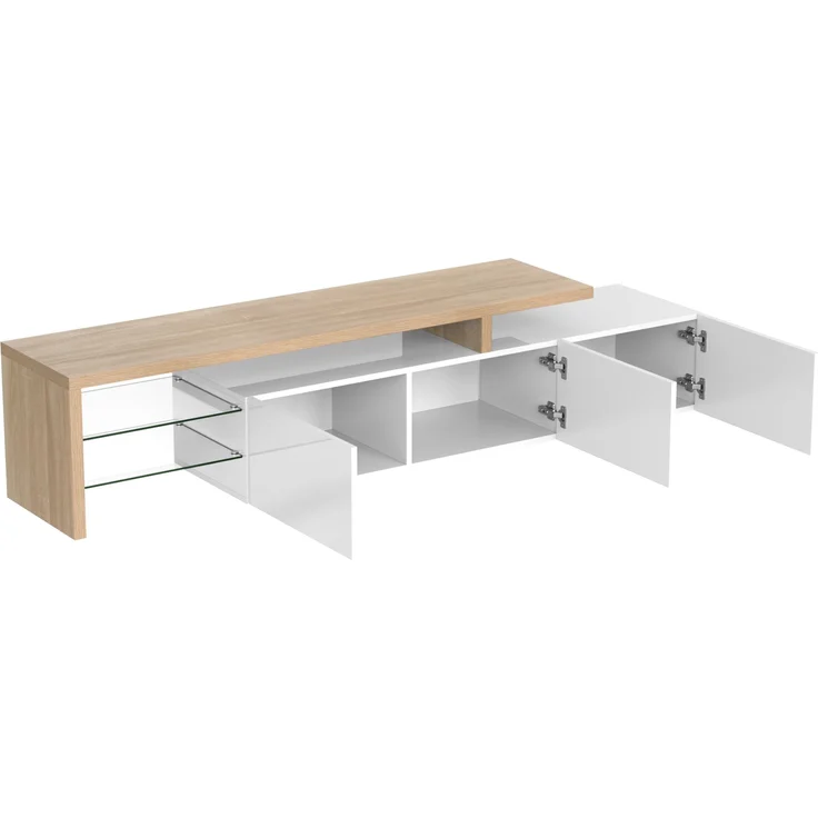 TV-Lowboard, MDF/Glas mit LED-Lichtstreifen & Glasböden, 197,5x39x42 cm, Natur/Weiß – Bild 3