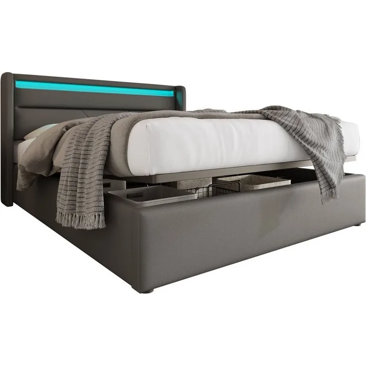 BlingBin Boxspringbett Stauraumbett Polsterbett (1-St), Doppelbett inkl. Farbwechselnde LED-Beleuchtungsleiste