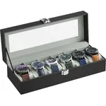 Songmics Uhrenbox für 6 Uhren, Uhrenkasten mit Glasdeckel, Uhrenkissen aus Samt, Uhrenkoffer mit Schloss, 11,2 x 30 x 8 cm, Geschenkidee, PU-Bezug in Schwarz, Samtfutter in Grau JWB06BK