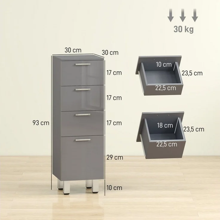 Kleankin Badkommode verstellbar Regal Toilettenschrank (Badezimmer-Aufbewahrungsschrank, 1 St, mit Schublade, verstellbare Füße), 30 x 30 x 93 cm, Grau – Bild 3