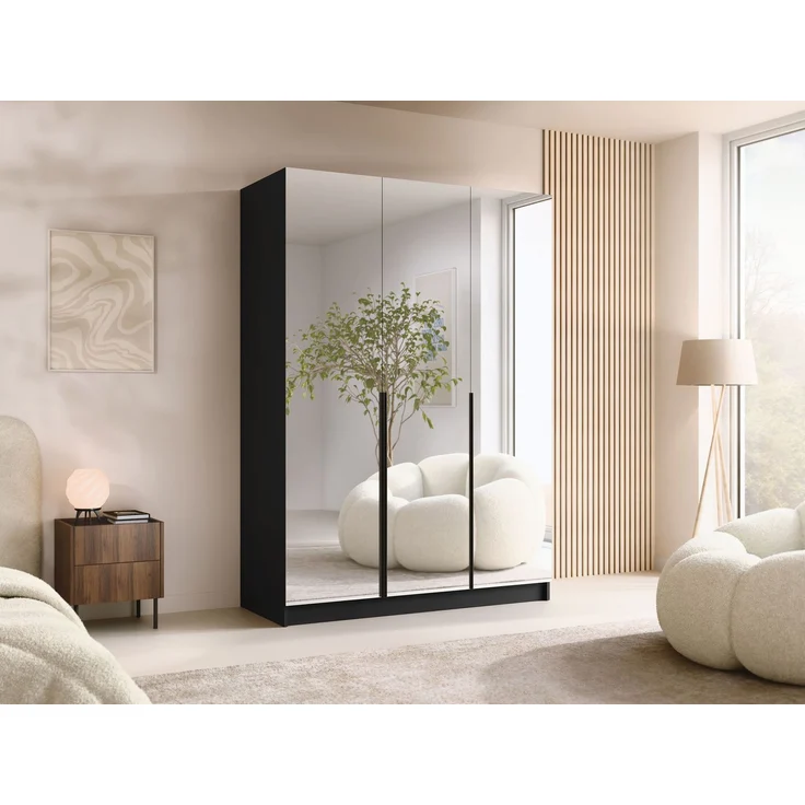 Mirjan24 'Cikzori' Kleiderschrank mit Einlegeböden und Kleiderstange, 3-türig, Laminatplatte, 215 x 58 x 150 cm, Schwarz / Schwarz, mit Spiegelfront – Bild 2