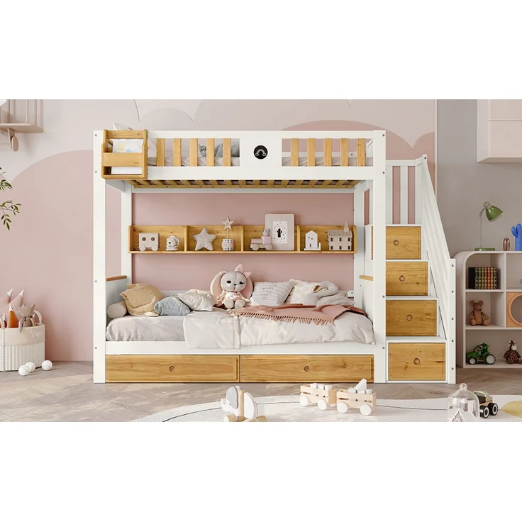 Merax Etagenbett 90x200cm mit Treppe, Reichlich Stauraum, Kinderbett mit 4 Schließfächer in der Treppe, mit Fallschutzgitter und 2 Schubladen, Offenes Regal, Weiß+Natur – Bild 7