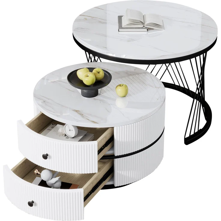 Couchtisch-Set rund, groß 60×60×46 cm und klein 50×50×31 cm, Hochglanz-Marmoroptik, MDF – Bild 10