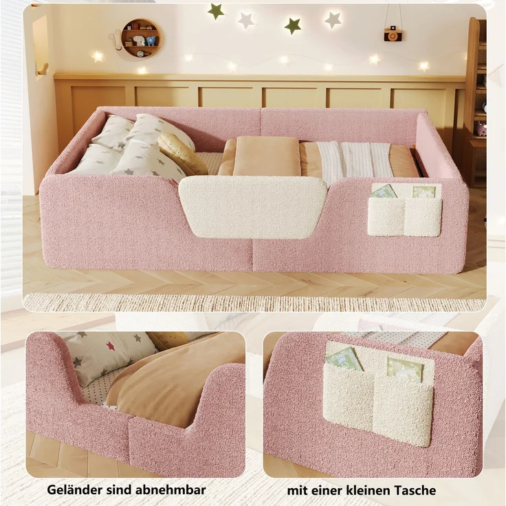 CHICFURN Polsterbett aus Samt in Rosa 140x190 cm mit abnehmbaren Sicherheitsgittern und Stofftasche – Bild 5