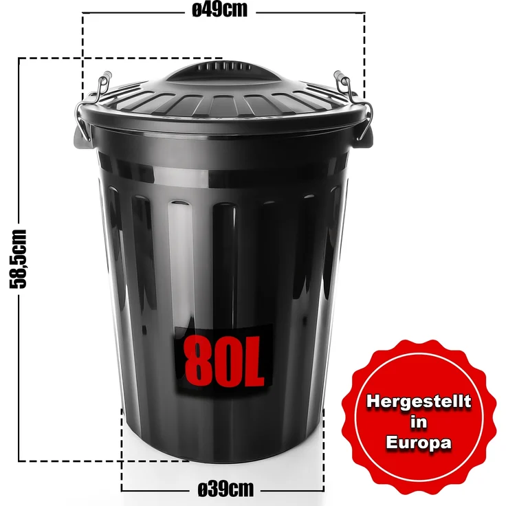 BigDean wetterfeste Universaltonne mit Deckel Schwarz und 2 Tragegriffen + Clip Verschluss auch als Mülltonne – Regentonne und Futtertonne geeignet für Indoor + Outdoor geeignet - Made in Europe – Bild 6
