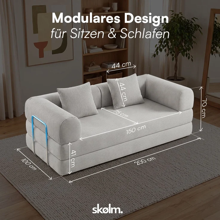 skølm 'Lofn' Modulares Sofa 2 Sitzer, 200x100 cm, Vollschaumcouch mit Metallgestell, Cord hellgrau, Schlafsofa vakuumverpackt, kein Aufbau erforderlich – Bild 9