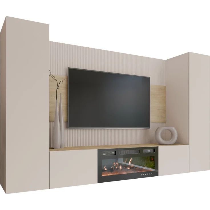 Wohnwand Deromi V mit Kamin (Farbe: Sandbeige + Nuss Cremona) – Bild 2