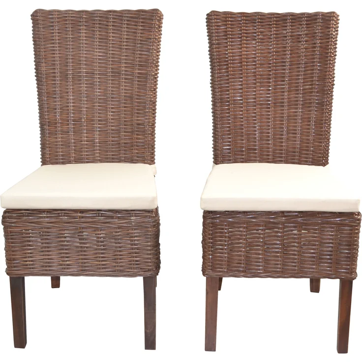 Rattanstühle/Esszimmerstühle 2er-Set, handgeflochten, braun, inkl. Kissen creme – Bild 2