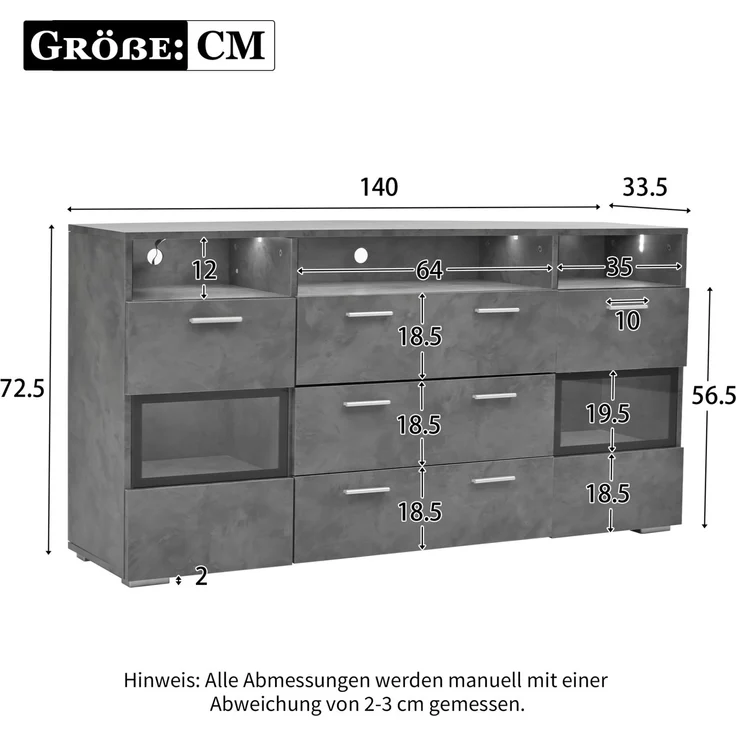 DESVIAE Sideboard mit LED-Beleuchtung, 2 Türen und 3 Schubladen, 140x72,5x33,5 cm, Spanplatte, Grau – Bild 10