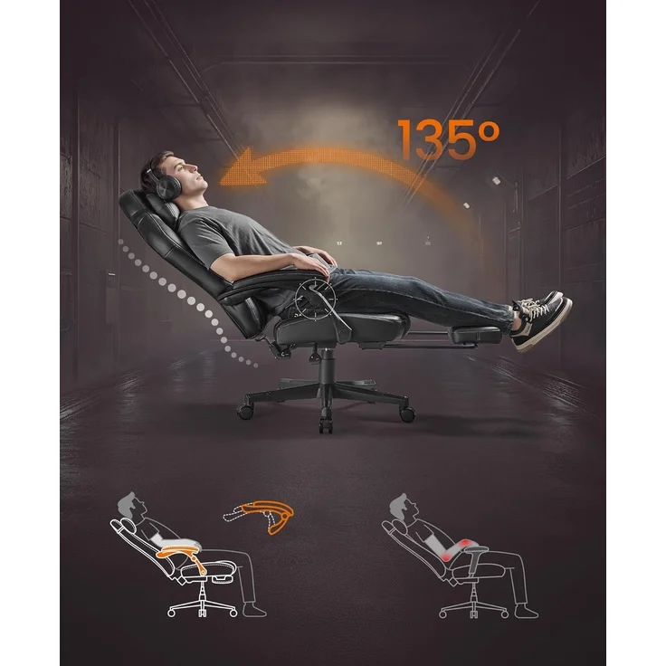 SONGMICS HOME Gaming-Stuhl, ergonomischer Computerstuhl mit Fußstütze, Bürostuhl, Drehstuhl mit Kopfkissen, PU, höhenverstellbar, tintenschwarz OBG072B01 – Bild 5