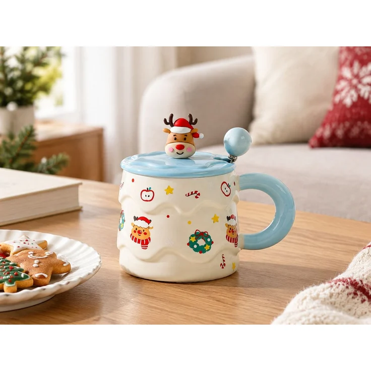Keramiktasse mit Deckel und Löffel Weihnachts-Kaffeebecher Blau 16 x 12 x 14 cm – Bild 2
